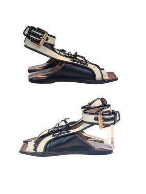Zimmermann Black and Cream Lace-Up Flat Sandals IT size 38